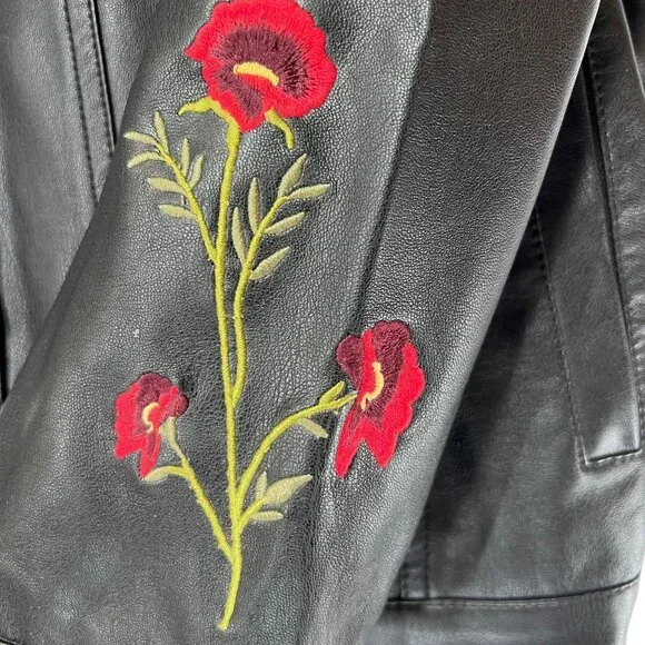 Christopher & Banks Black Faux Leather Jacket Floral Embroidery Snap Zip Large - Picture 8 of 16